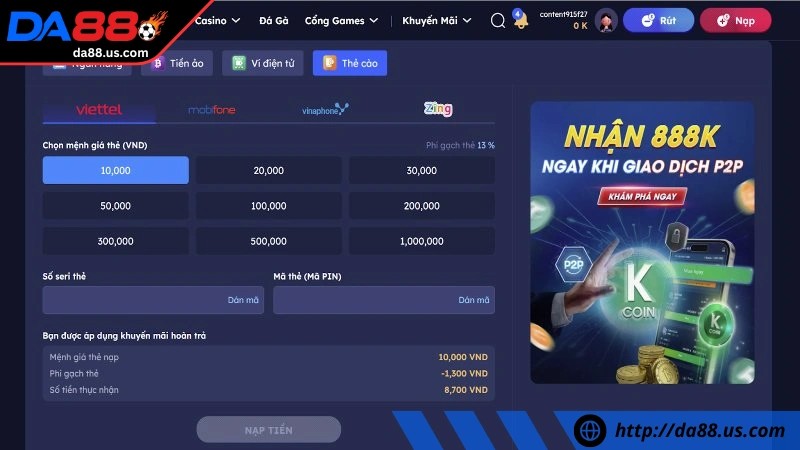 Chuyển tiền vào ví game qua thẻ cào Chuyển tiền vào ví game qua thẻ cào