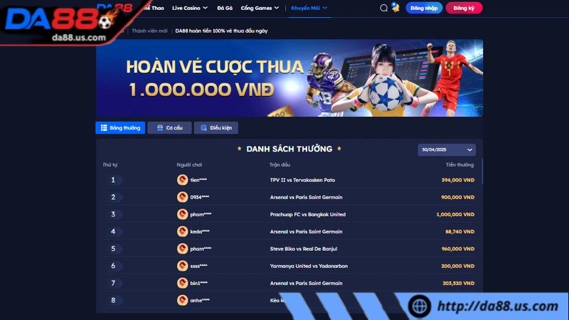 Đặt cược thất bại vào đầu ngày hoàn tiền 100% Đặt cược thất bại vào đầu ngày hoàn tiền 100%